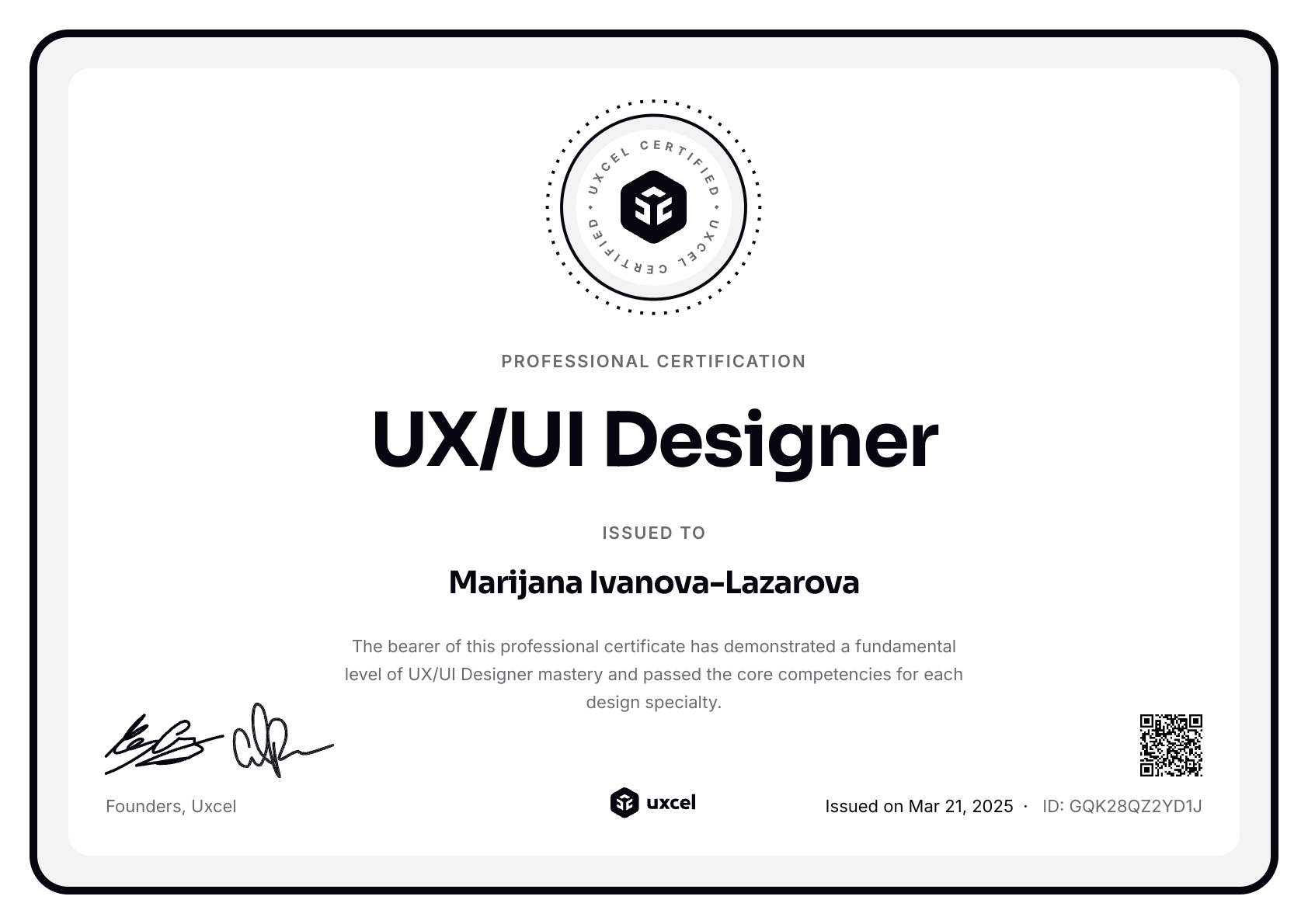 Marijana Ivanova-Lazarova's certificate